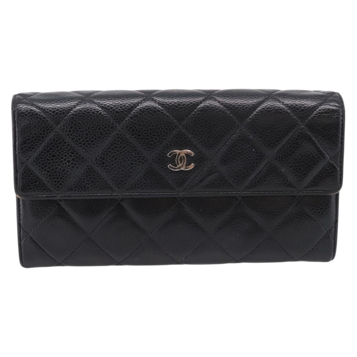 CHANEL Matelasse Long Wallet Caviar Skin Black Silver CC Auth 201552