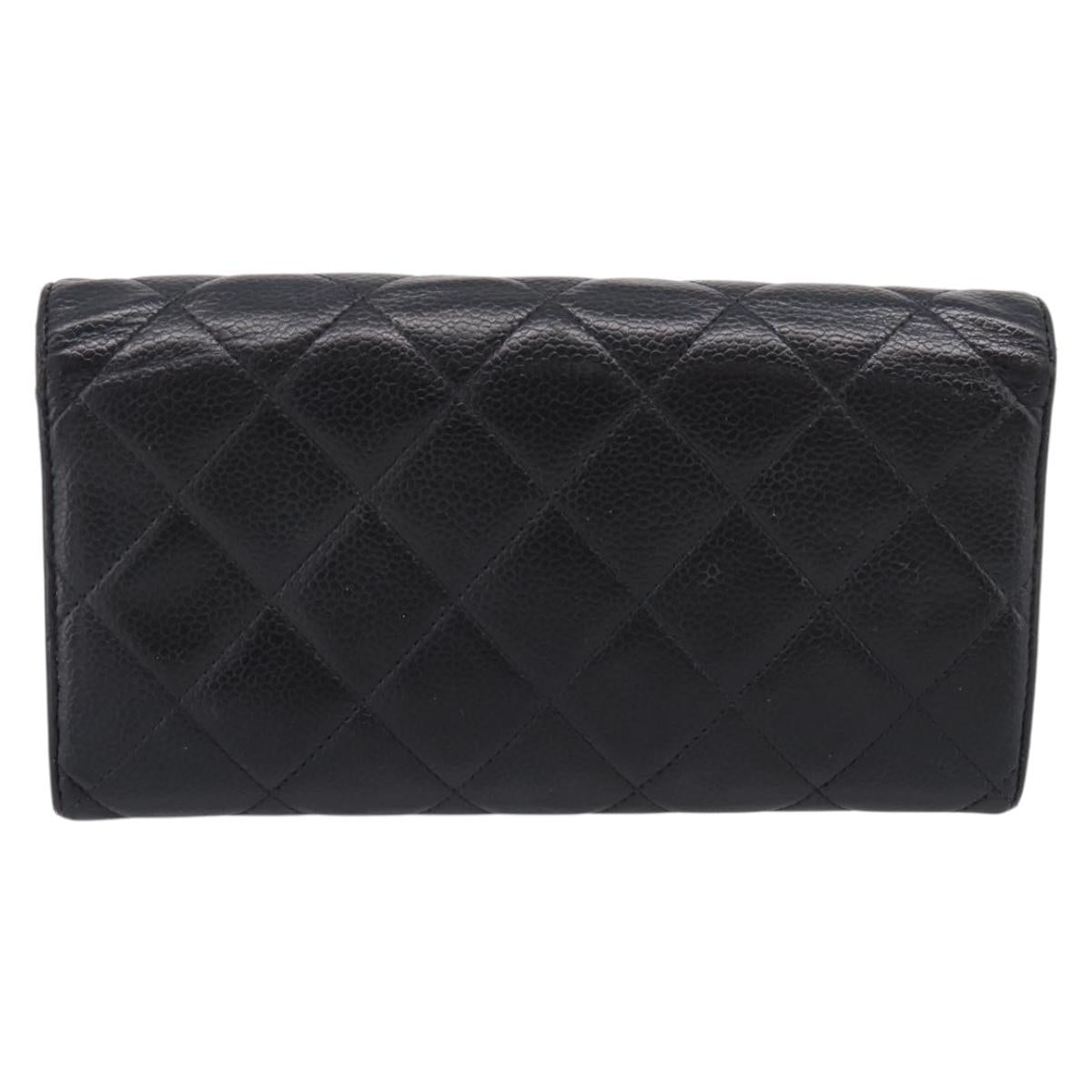 CHANEL Matelasse Long Wallet Caviar Skin Black Silver CC Auth 201552