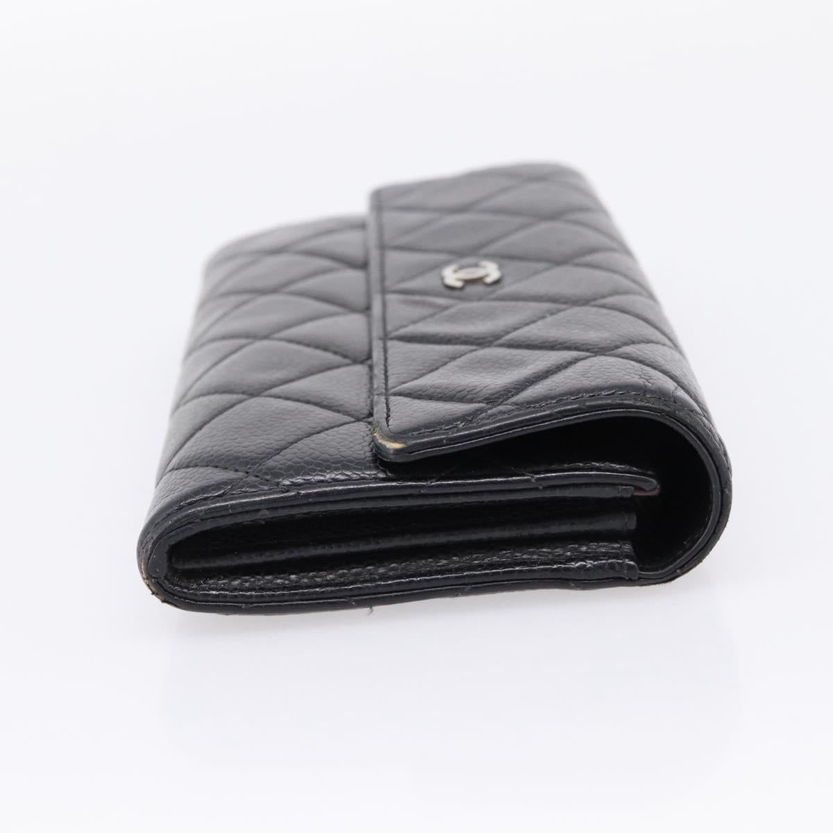 CHANEL Matelasse Long Wallet Caviar Skin Black Silver CC Auth 201552