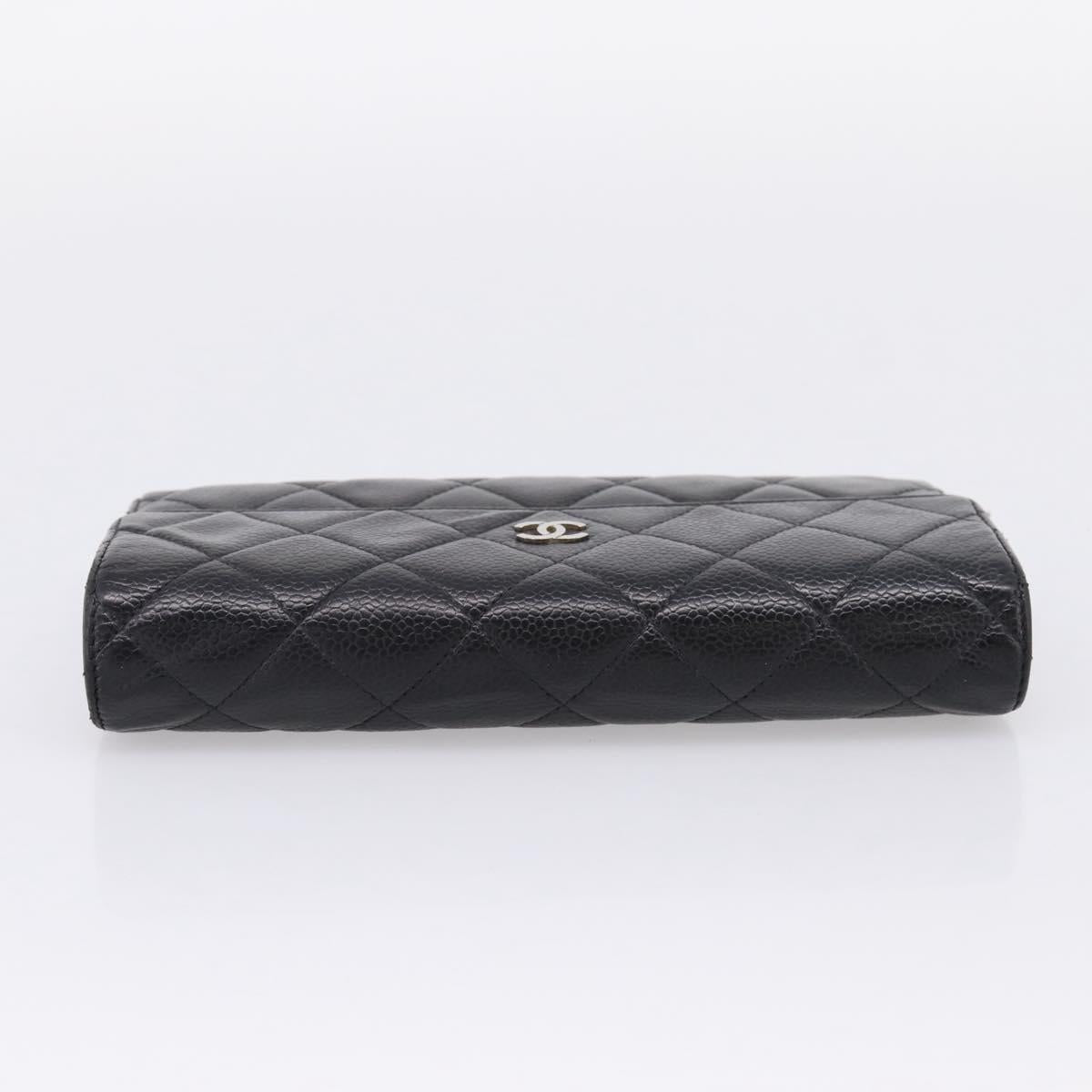 CHANEL Matelasse Long Wallet Caviar Skin Black Silver CC Auth 201552