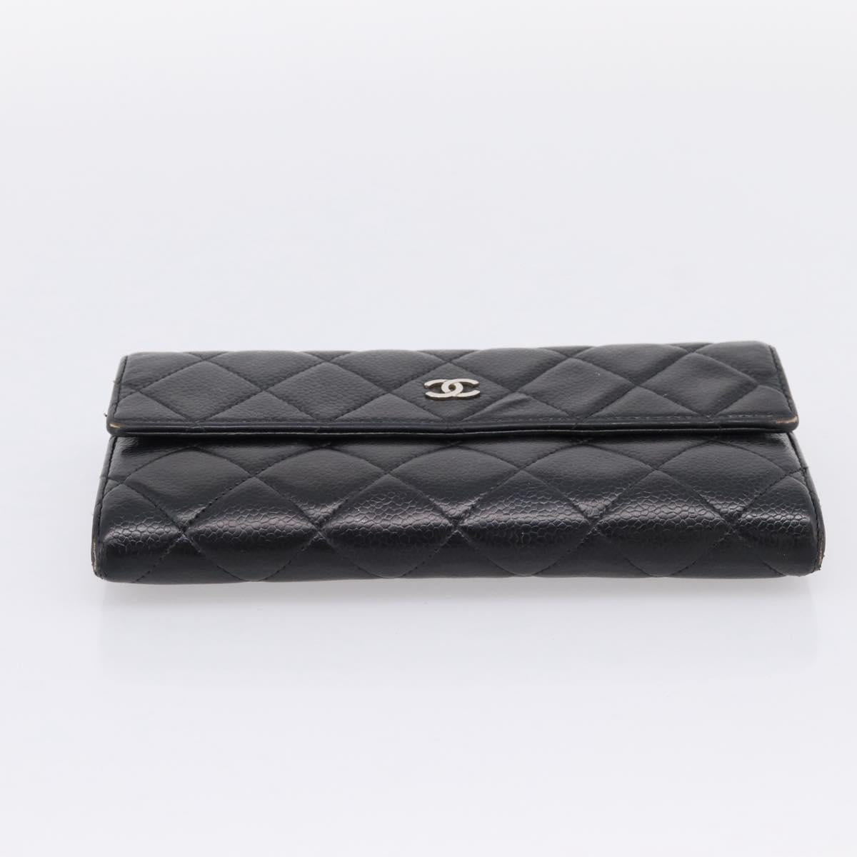 CHANEL Matelasse Long Wallet Caviar Skin Black Silver CC Auth 201552