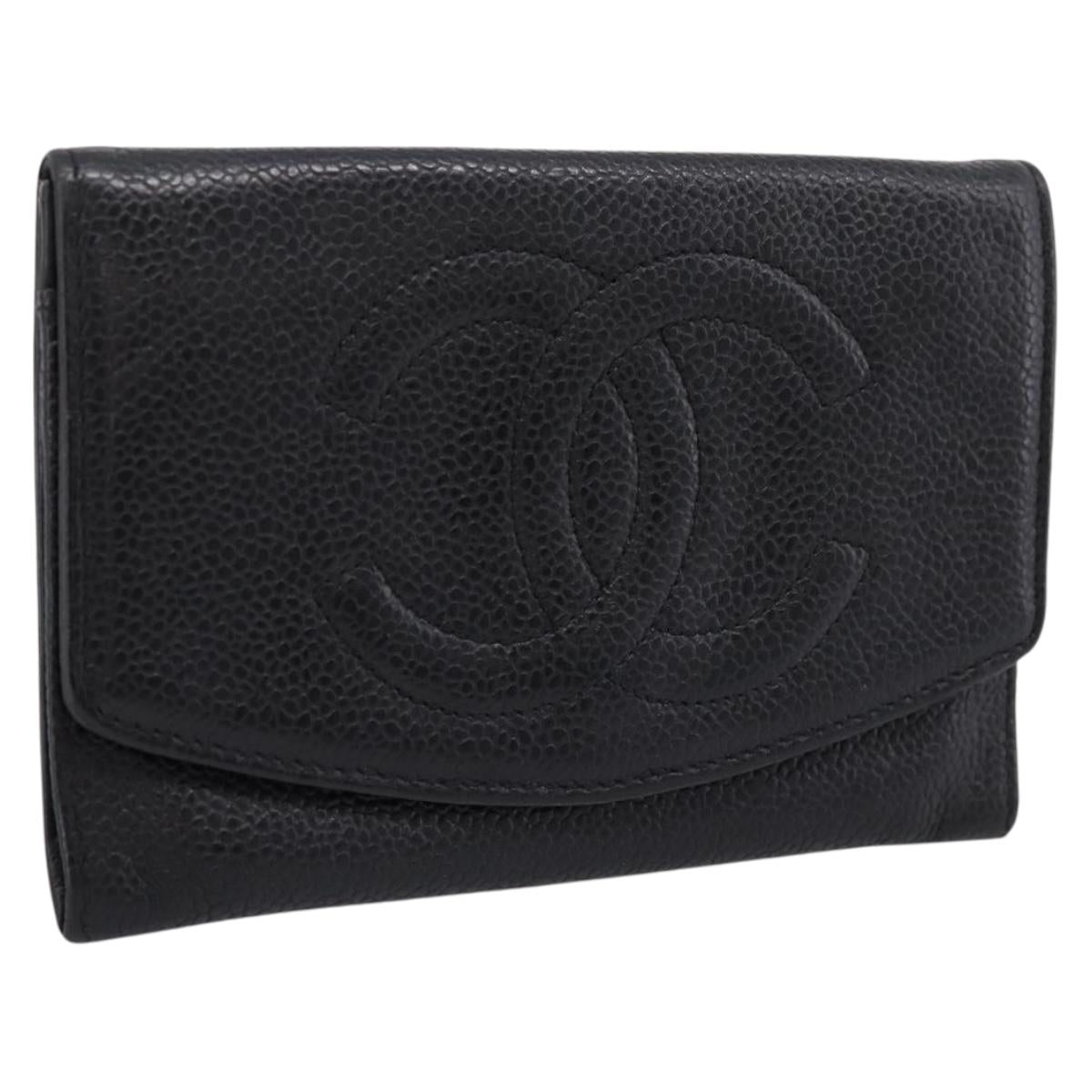 CHANEL COCO Mark Wallet Caviar Skin Black Gold CC Auth 201592V