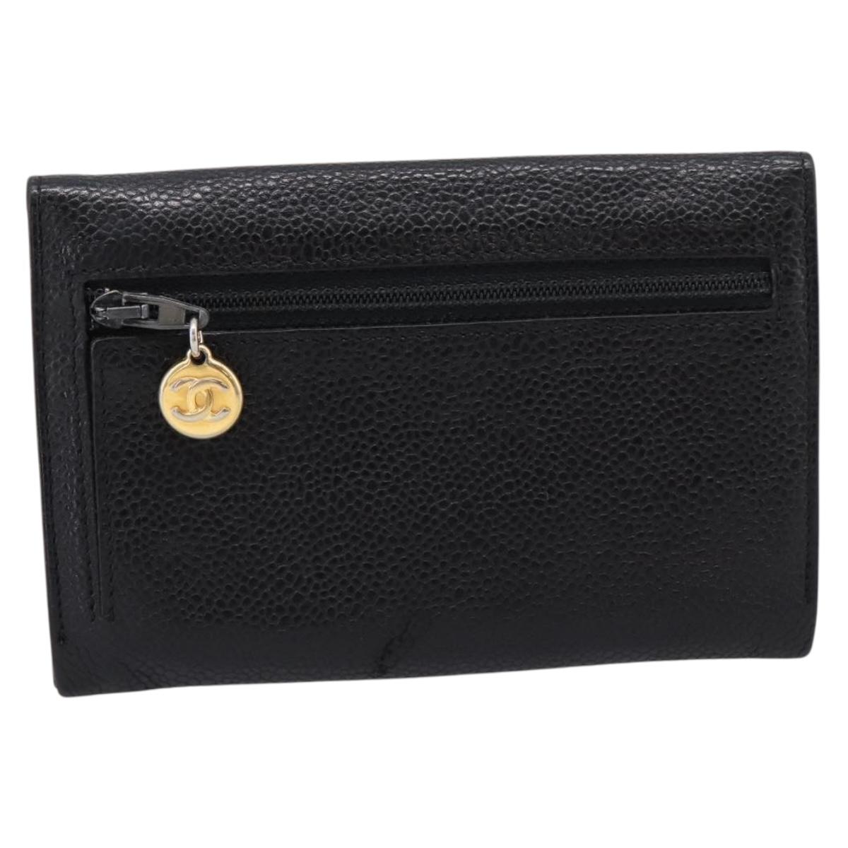 CHANEL COCO Mark Wallet Caviar Skin Black Gold CC Auth 201592V