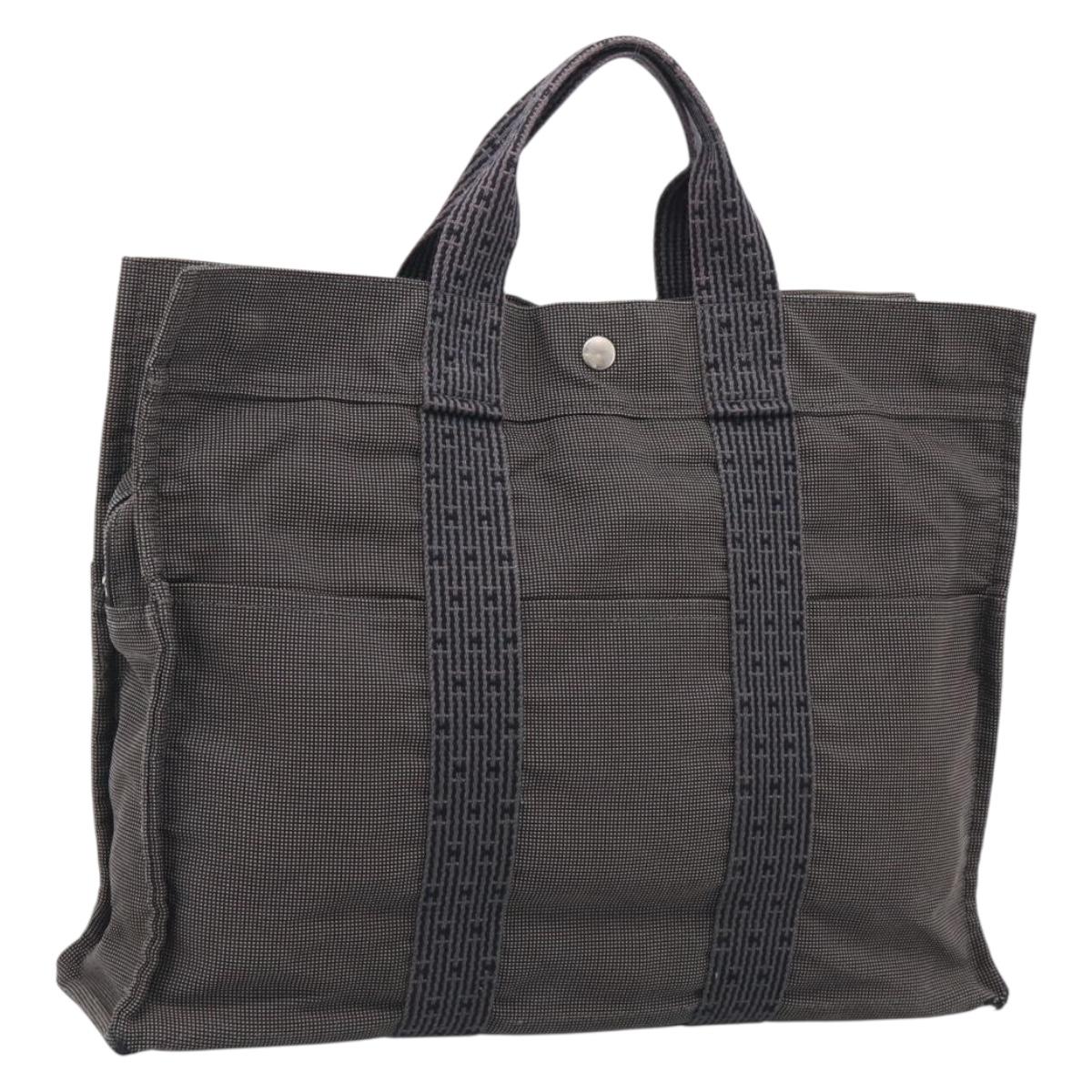 HERMES Her Line Tote MM Tote Bag Canvas Gray Silver Auth 201702