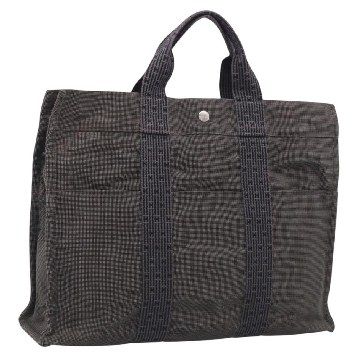 HERMES Her Line Tote MM Tote Bag Canvas Gray Silver Auth 201703