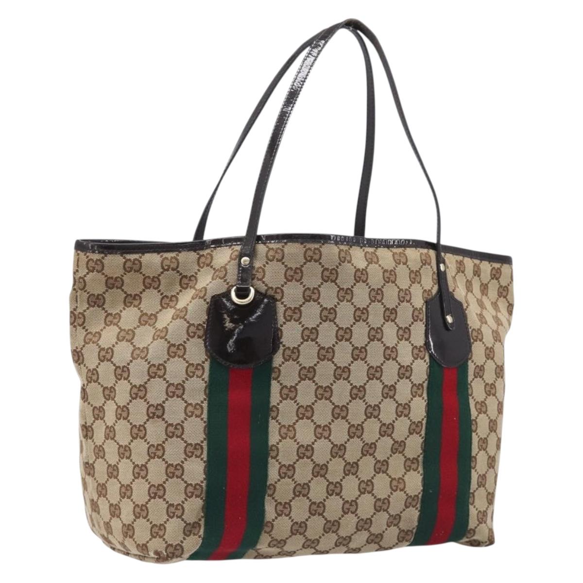 GUCCI GG Canvas Web Sherry Line Tote Bag Beige Gold 211970 Auth 201714