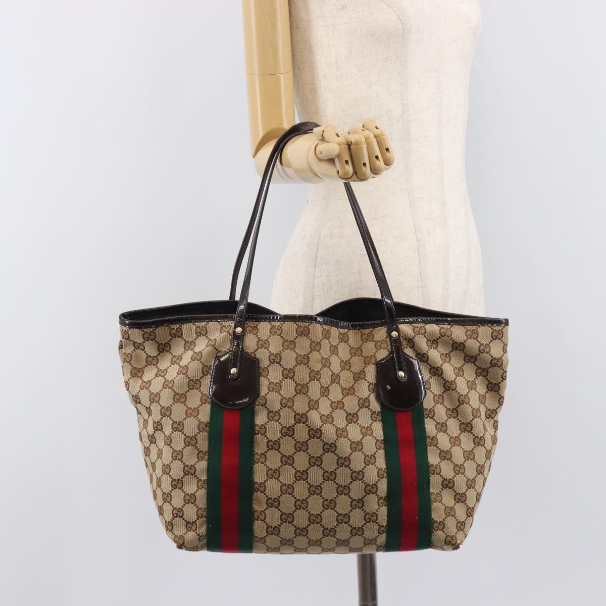 GUCCI GG Canvas Web Sherry Line Tote Bag Beige Gold 211970 Auth 201714