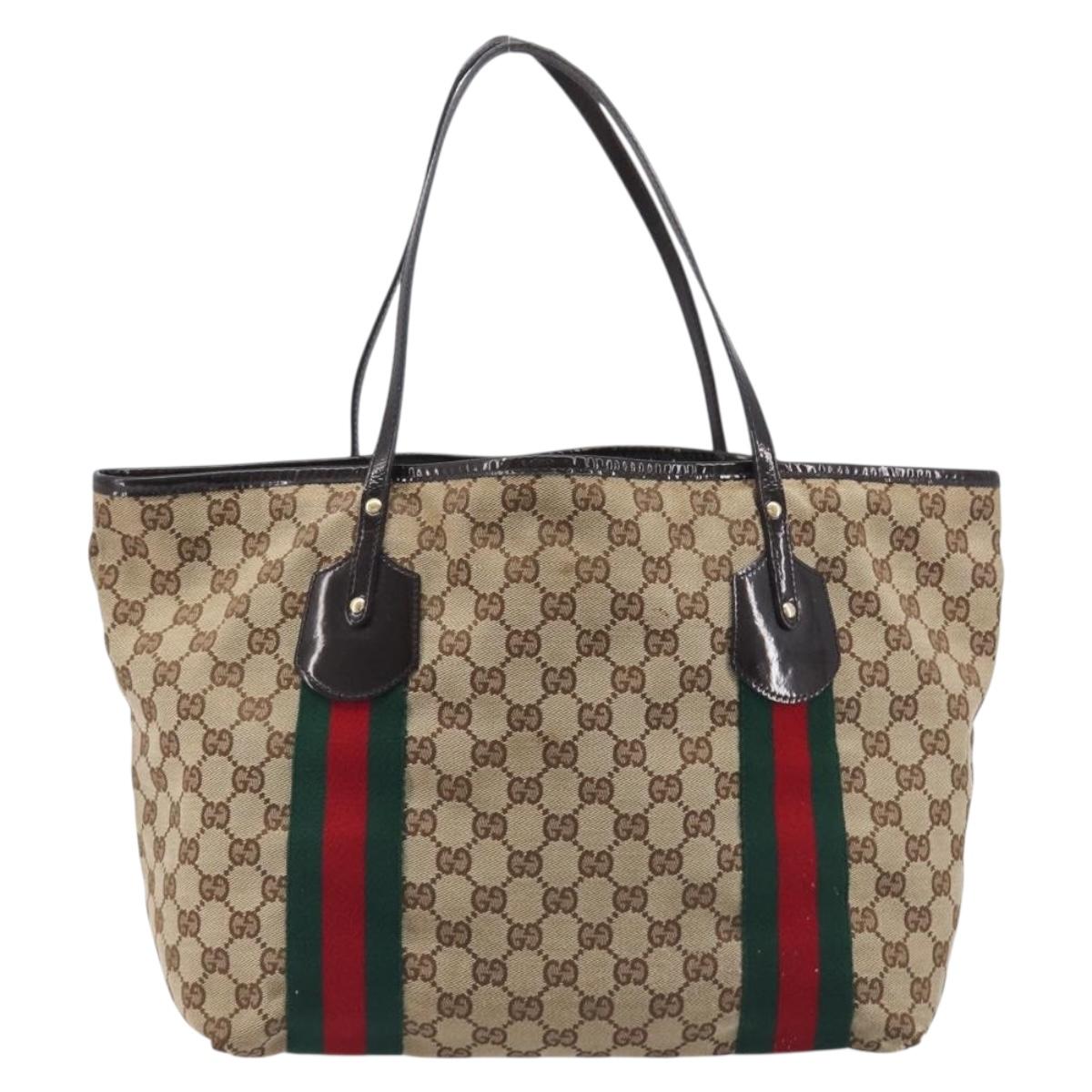GUCCI GG Canvas Web Sherry Line Tote Bag Beige Gold 211970 Auth 201714