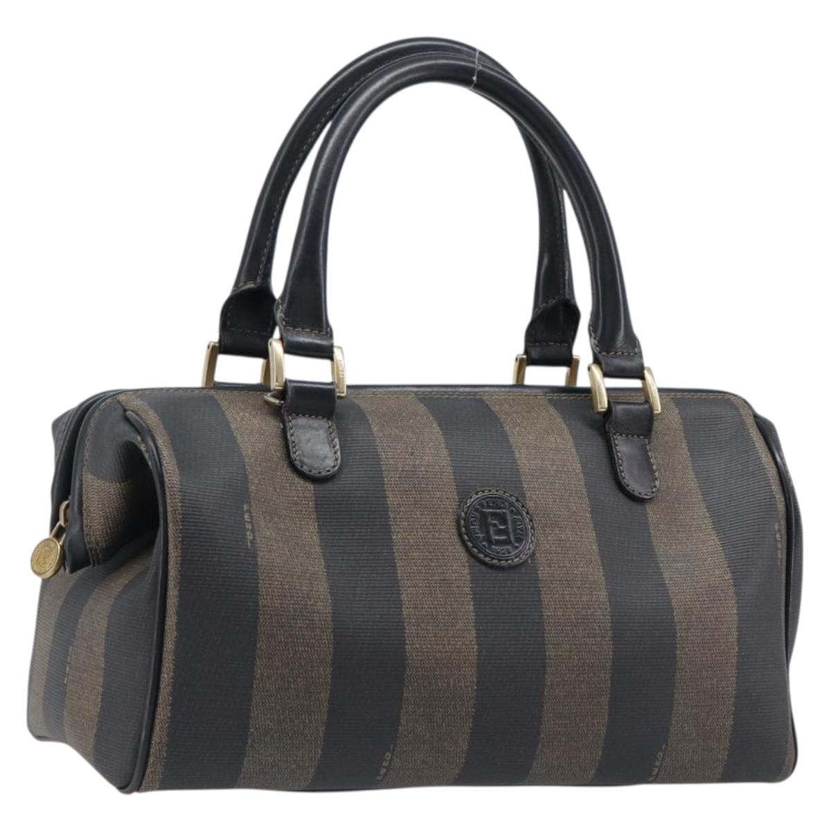 FENDI Pecan Canvas Boston Bag PVC Black Brown gold Auth 201881A