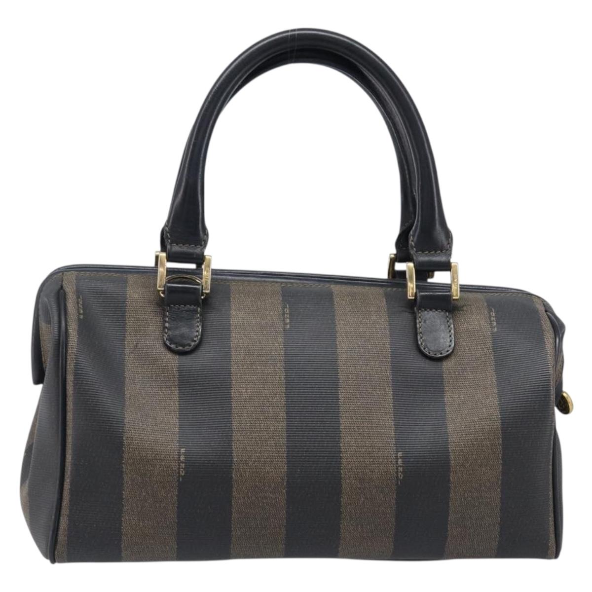 FENDI Pecan Canvas Boston Bag PVC Black Brown gold Auth 201881A