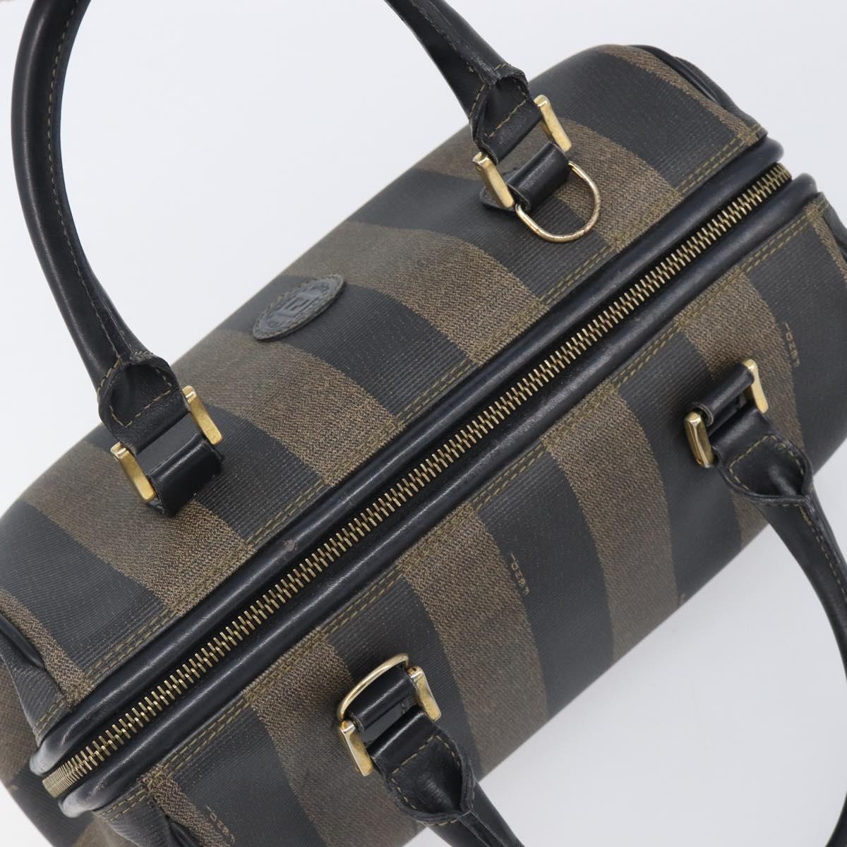 FENDI Pecan Canvas Boston Bag PVC Black Brown gold Auth 201881A
