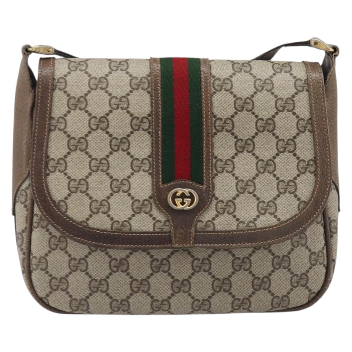 GUCCI GG Supreme Web Sherry Line Bag PVC Beige Silver 122754 Auth 201886