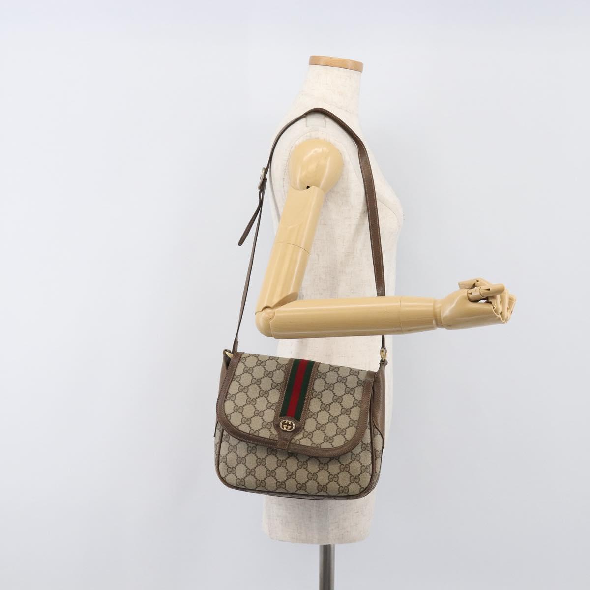 GUCCI GG Supreme Web Sherry Line Bag PVC Beige Silver 122754 Auth 201886