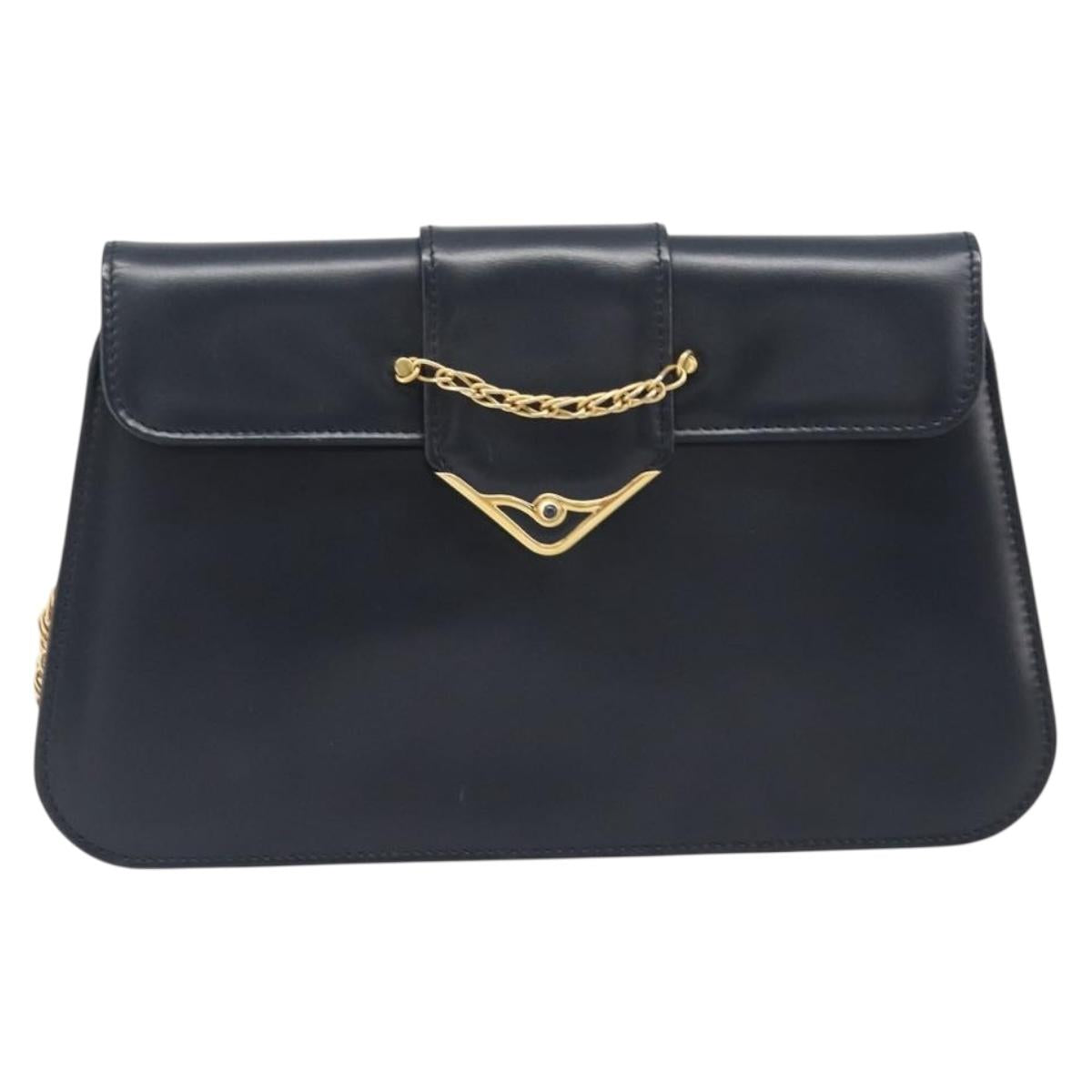 CARTIER Sapphire Line Chain Shoulder Bag Leather Navy Gold Auth 201887A