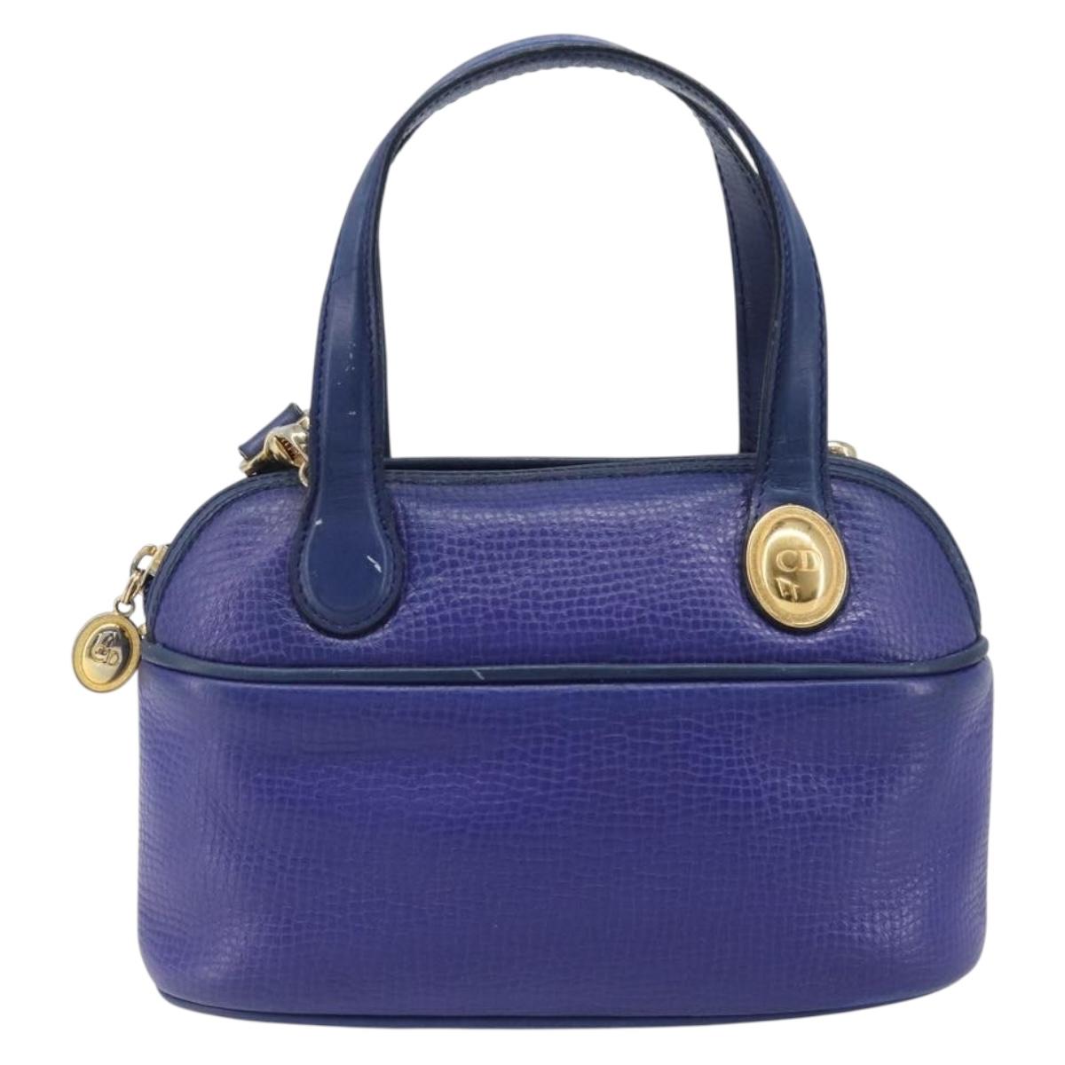 Christian Dior Hand Bag Leather 2way Blue Gold Auth 201892