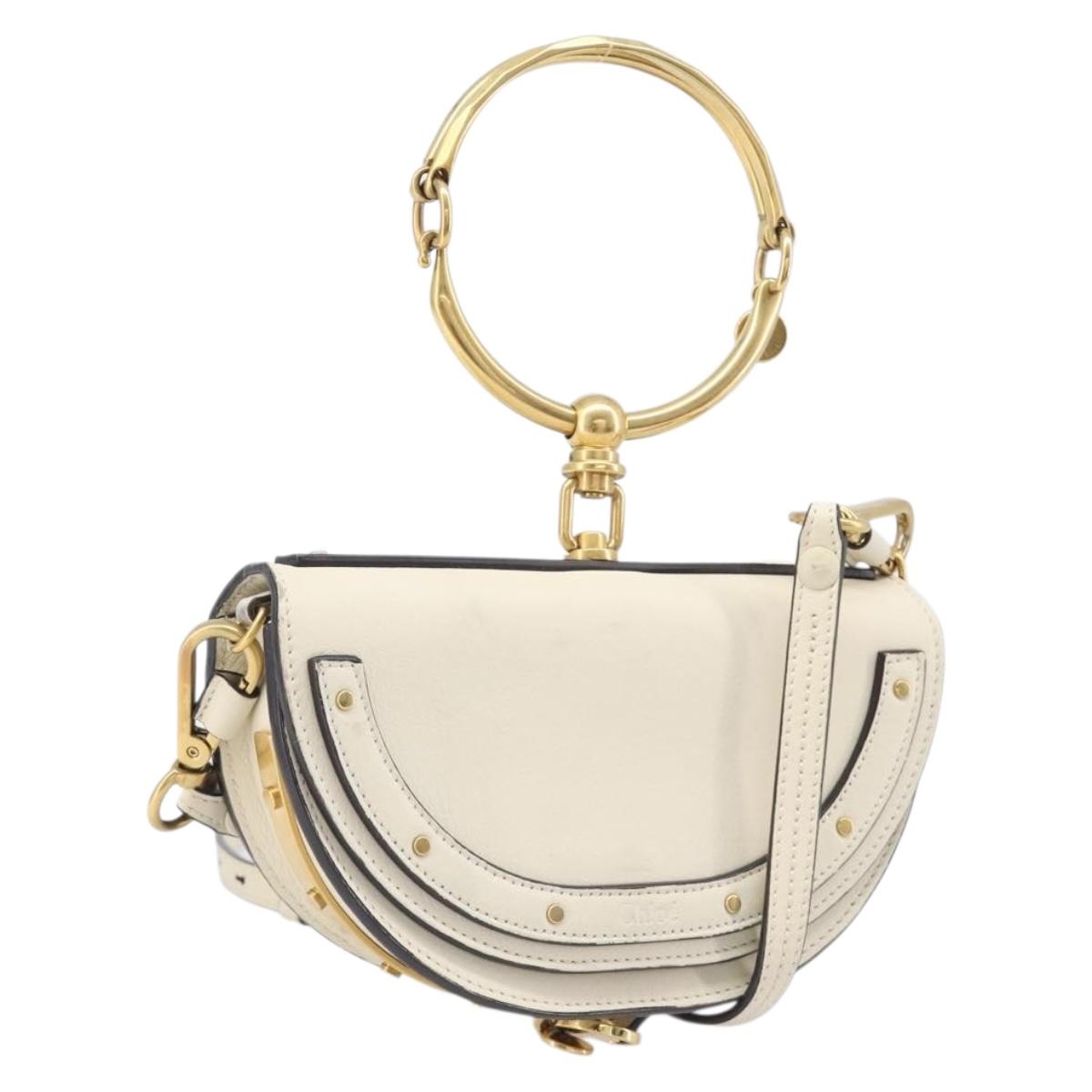 Chloe Nile Minaudière Hand Bag Leather 2way White Gold Auth 201900A