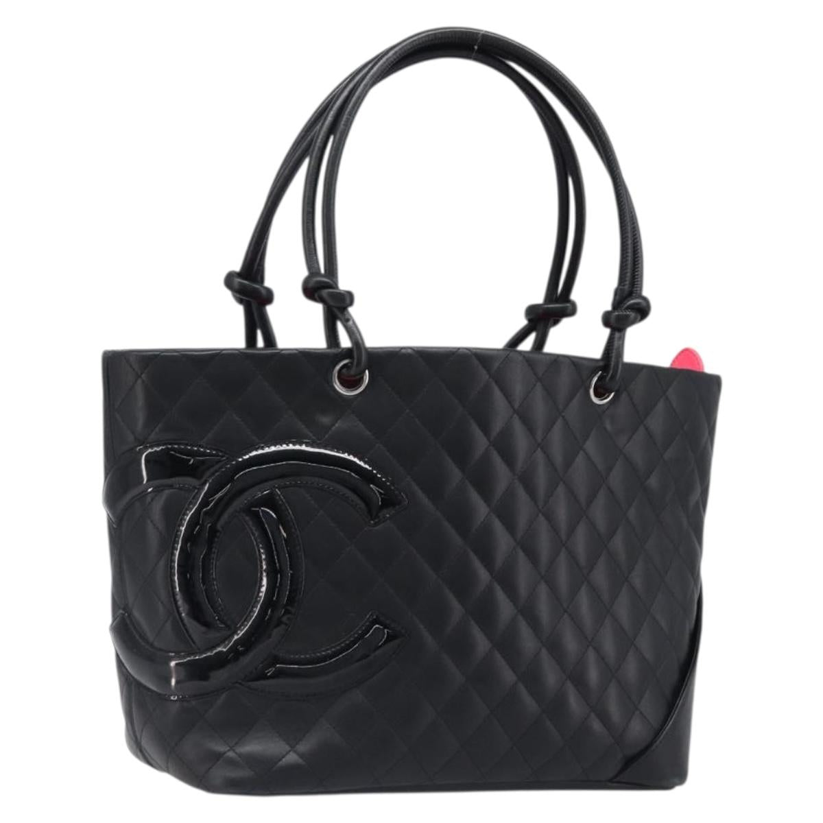 CHANEL Cambon Line Matelasse Tote Bag Leather Black Silver CC Auth 201902V