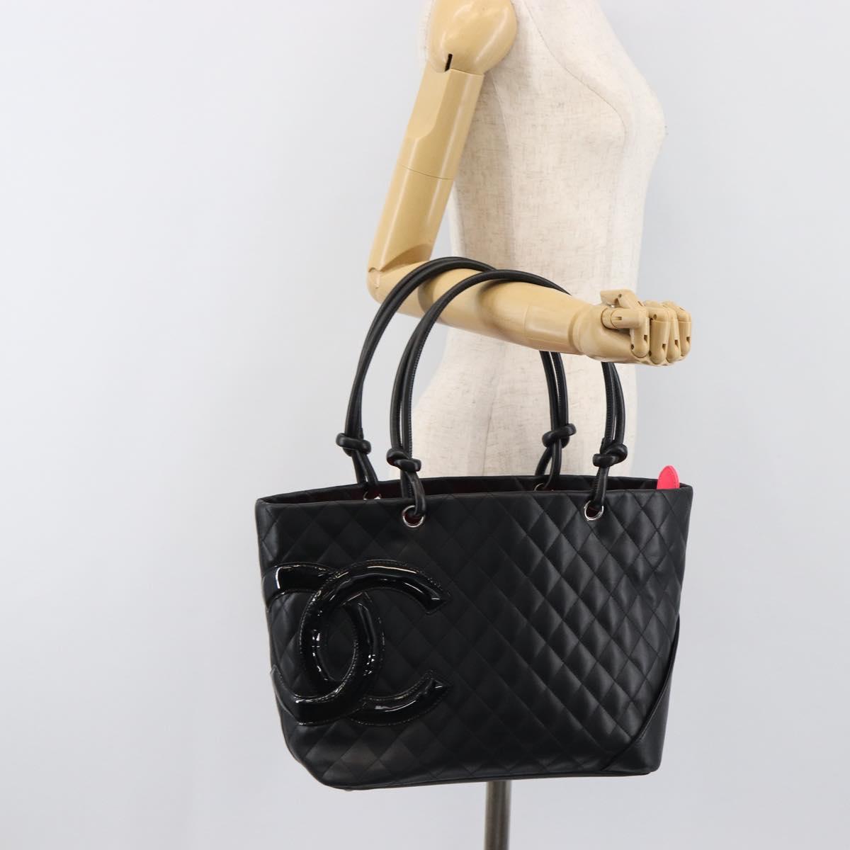CHANEL Cambon Line Matelasse Tote Bag Leather Black Silver CC Auth 201902V