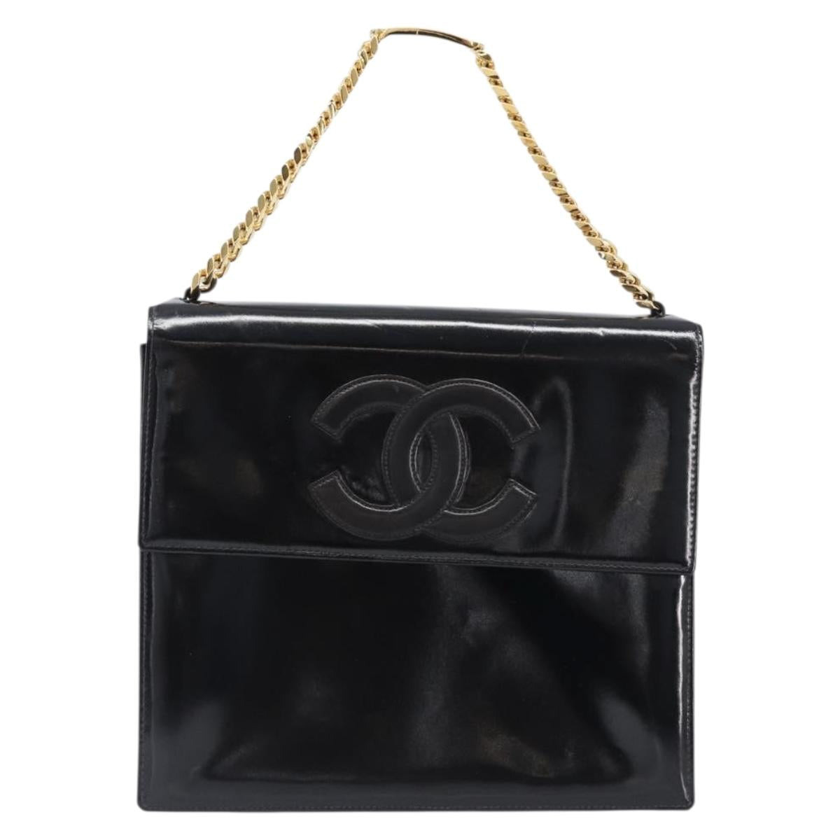 CHANEL Chain Hand Bag Patent leather Black Gold CC Auth 201914V