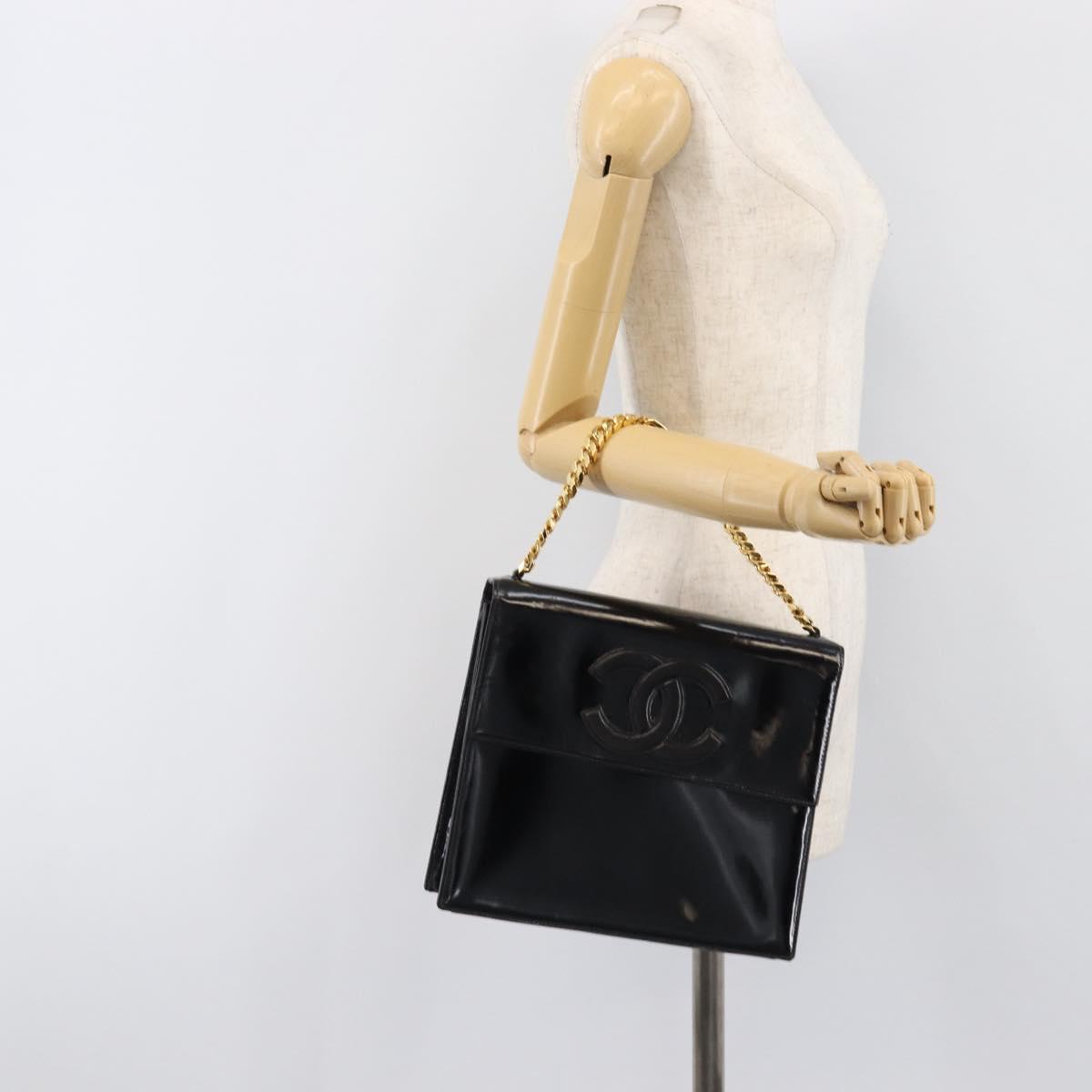 CHANEL Chain Hand Bag Patent leather Black Gold CC Auth 201914V
