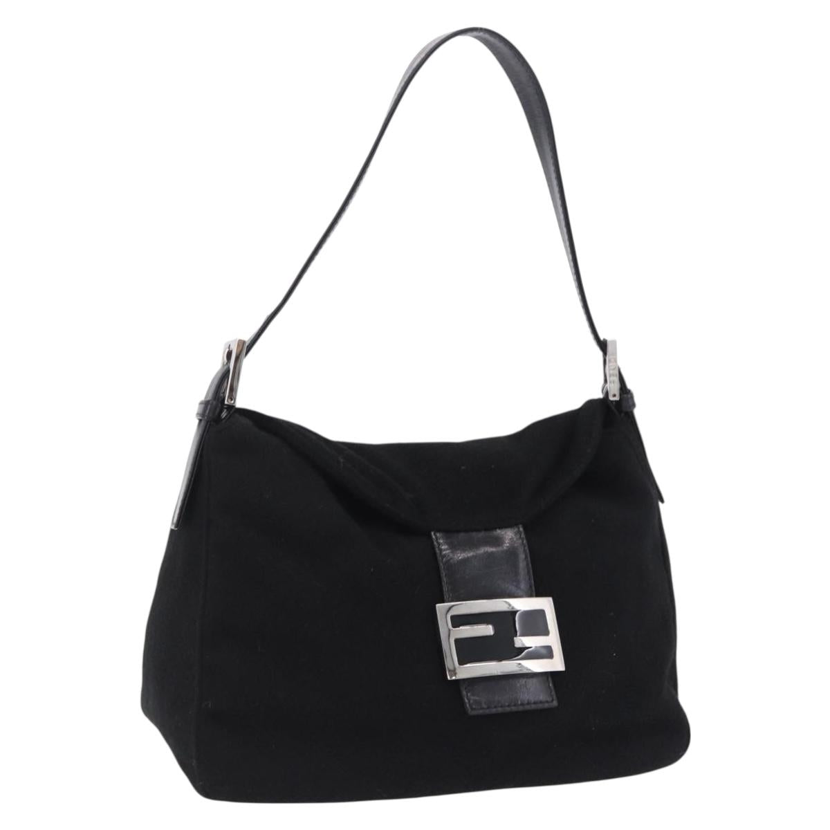 FENDI Mamma Baguette Shoulder Bag Wool Black Silver Auth 201915V