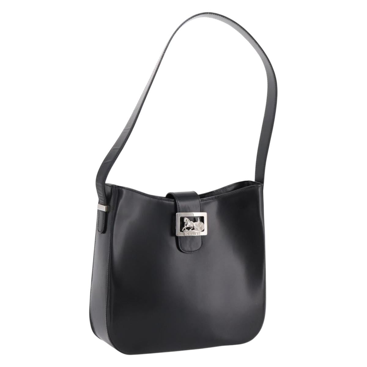 CELINE Horse Carriage Shoulder Bag Leather Black Silver Auth 201919A