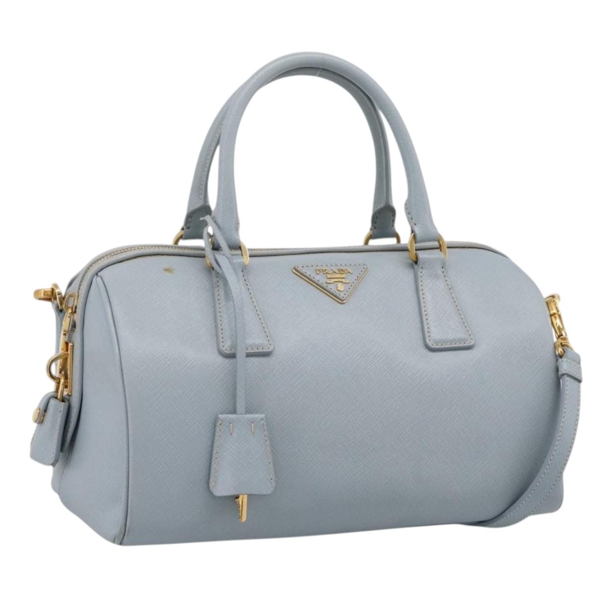 PRADA Boston Bag Saffiano leather 2way Light Blue Gold Auth 201928A