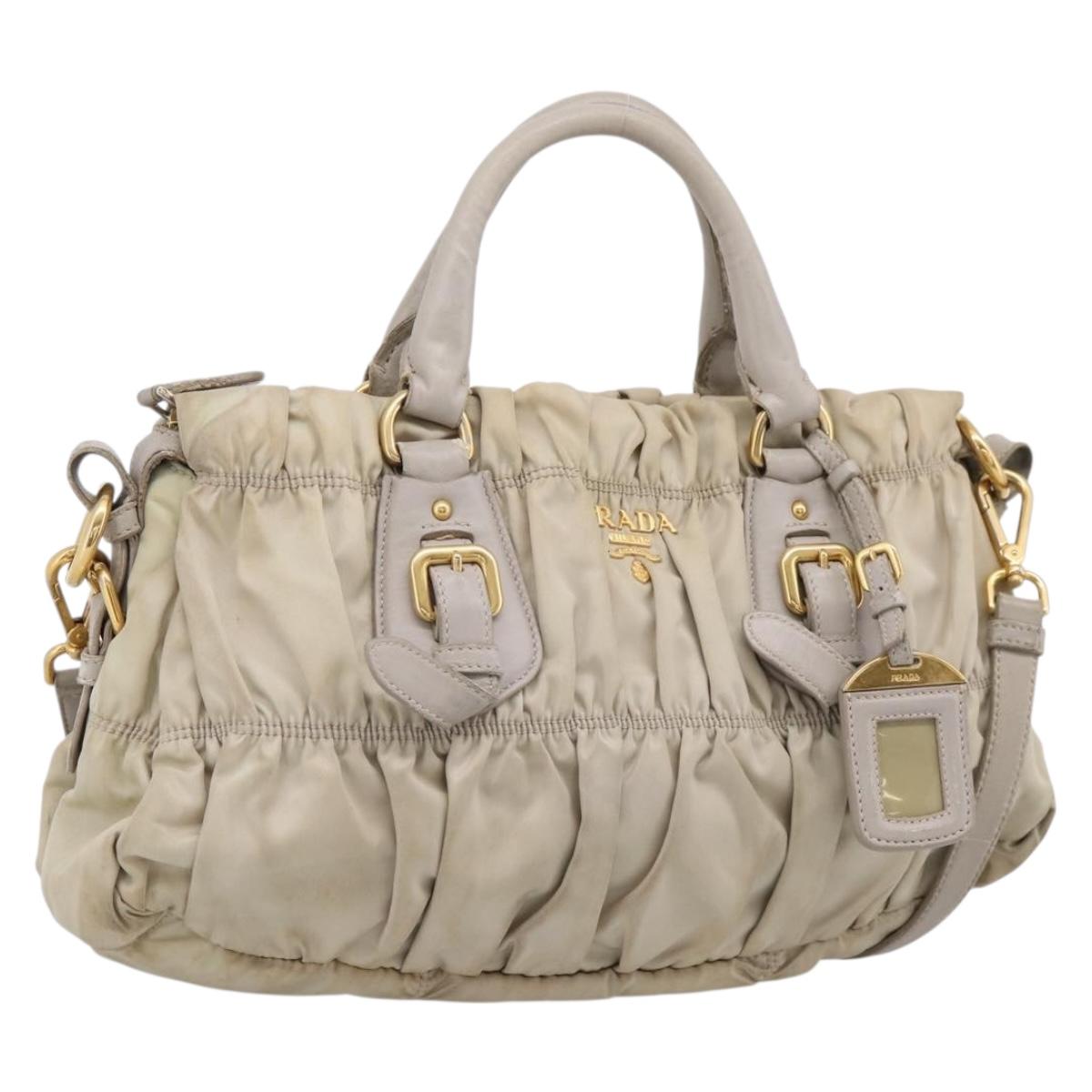 PRADA Gathered Hand Bag Nylon 2way Beige Gold Auth 201930