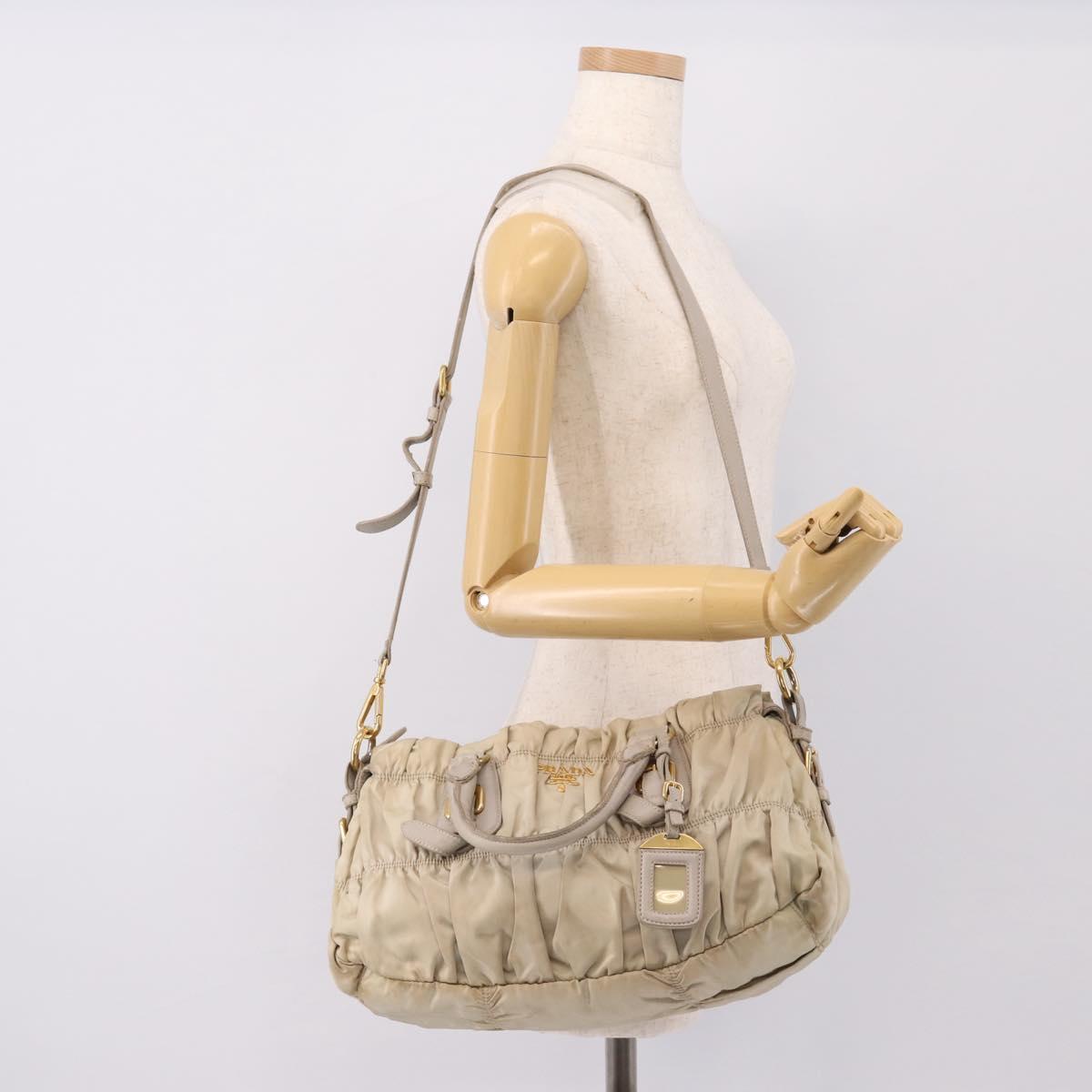 PRADA Gathered Hand Bag Nylon 2way Beige Gold Auth 201930
