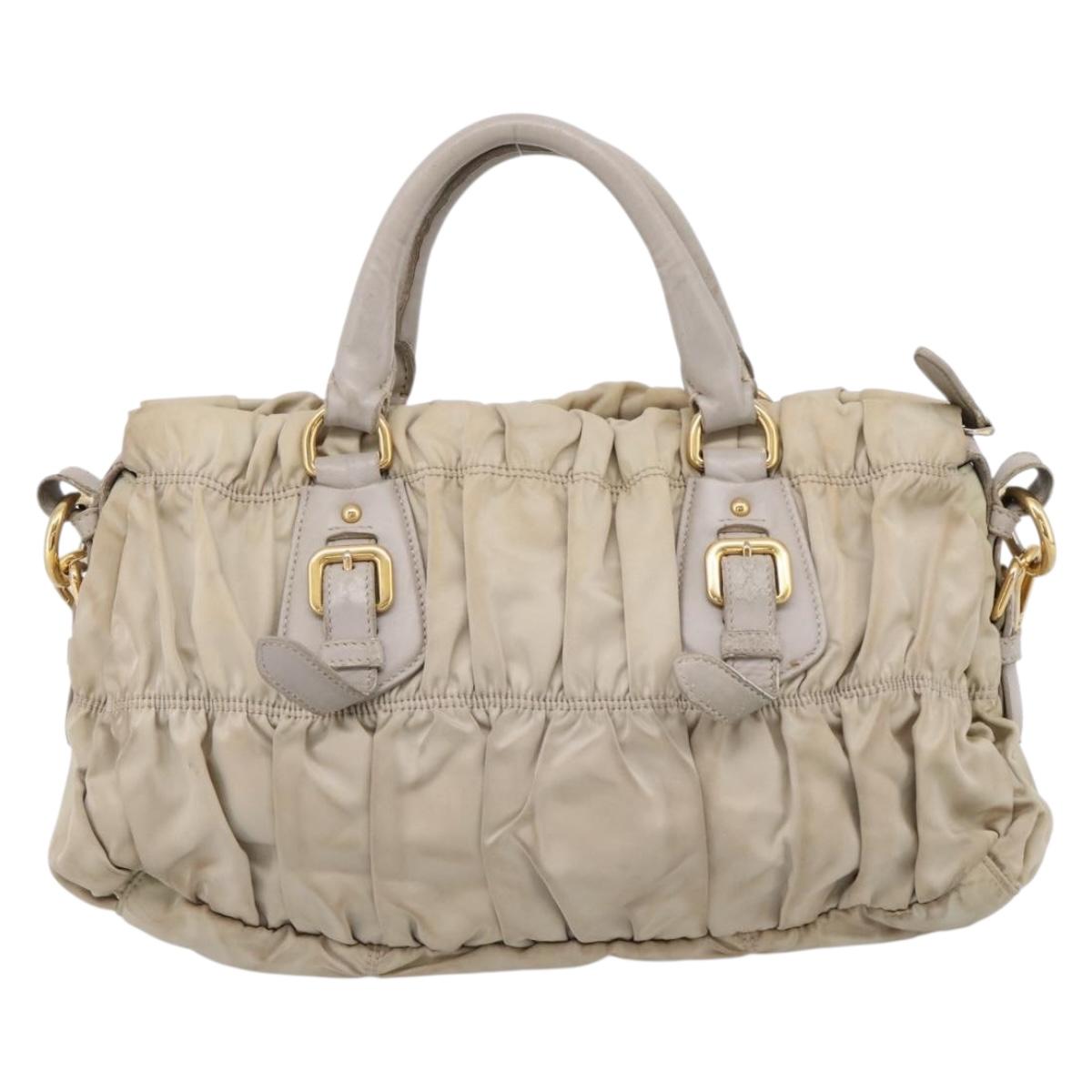 PRADA Gathered Hand Bag Nylon 2way Beige Gold Auth 201930