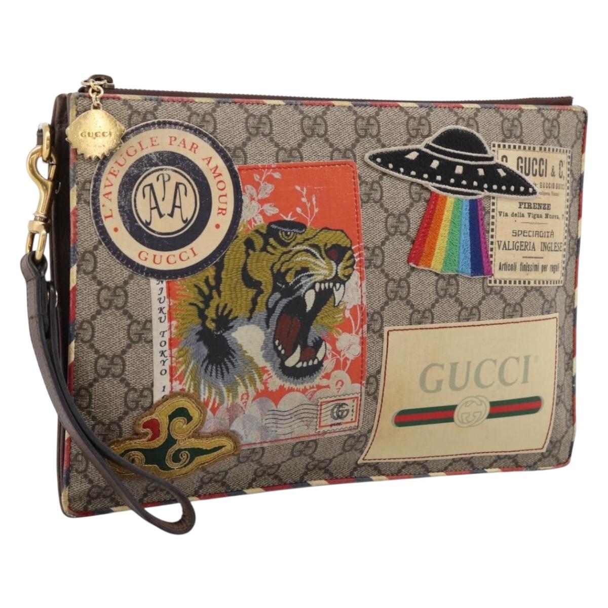 GUCCI GG Supreme Courier Clutch Bag PVC Beige 473915 Auth 201932A