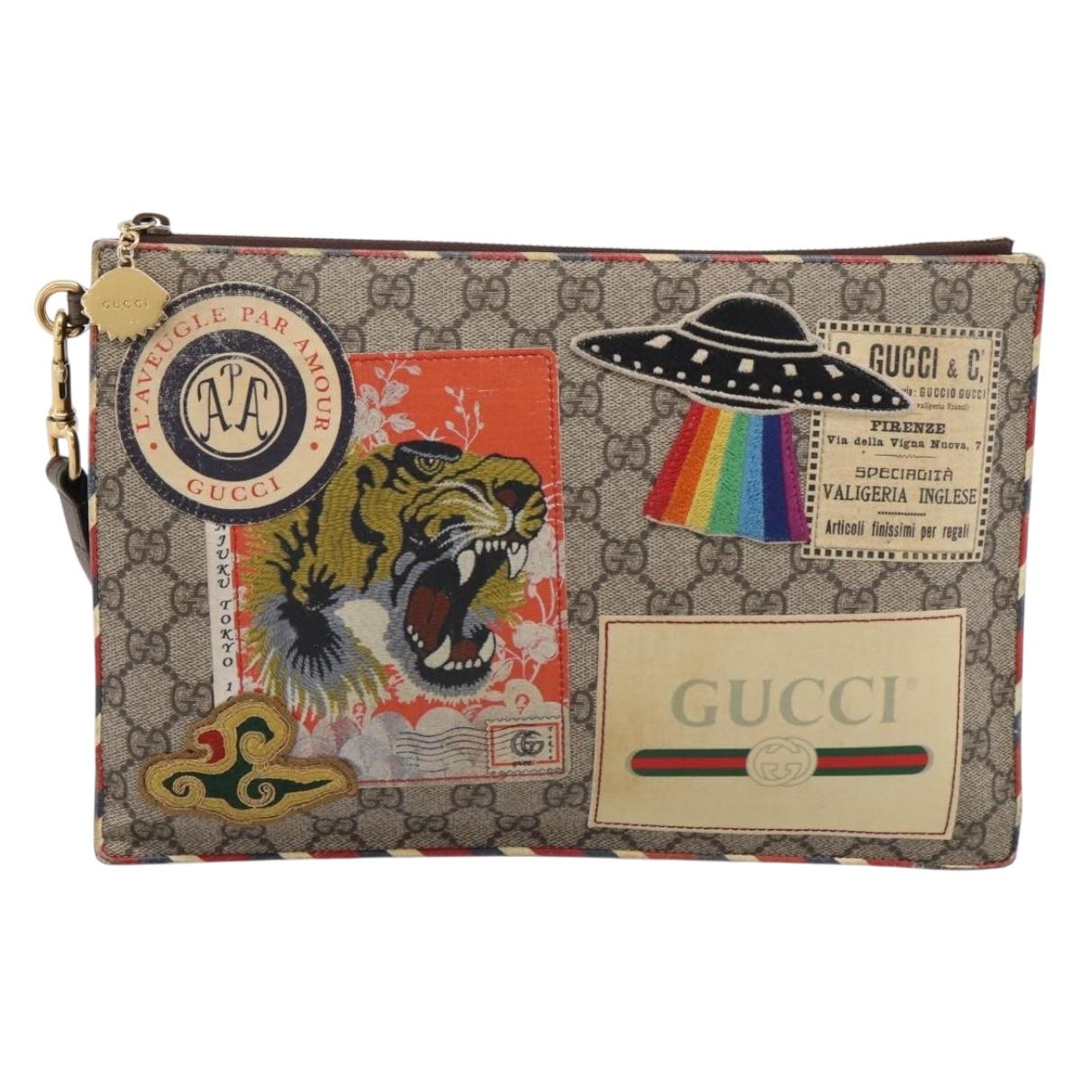GUCCI GG Supreme Courier Clutch Bag PVC Beige 473915 Auth 201932A