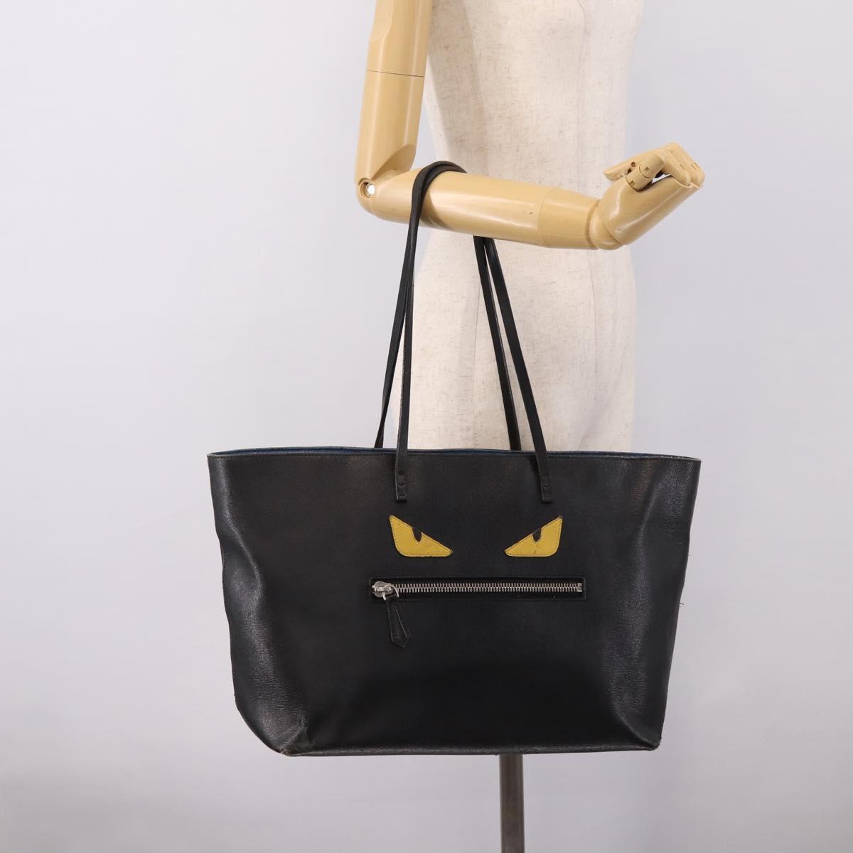 FENDI Monster Tote Bag Leather Black Silver Auth 201937
