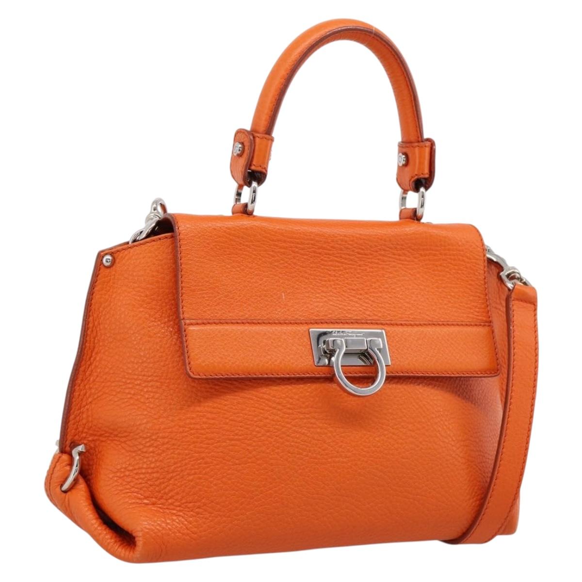 Salvatore Ferragamo Sofia Gancini Bag Leather 2way Orange Silver Auth 201941A