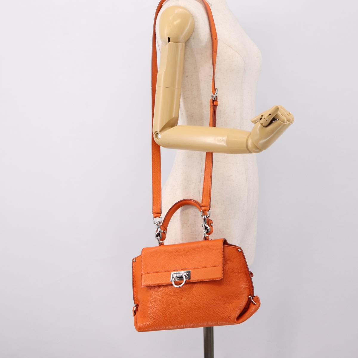 Salvatore Ferragamo Sofia Gancini Bag Leather 2way Orange Silver Auth 201941A