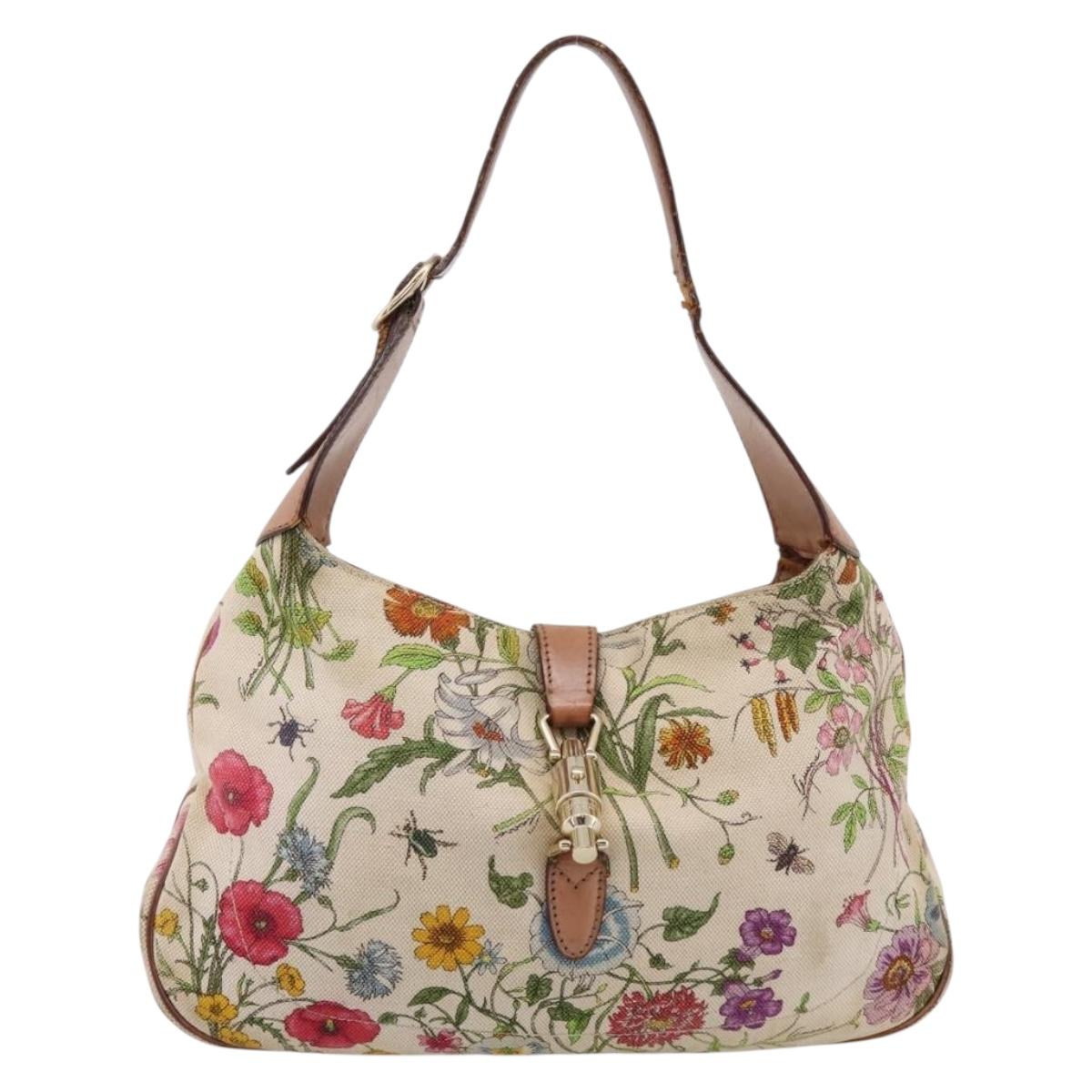 GUCCI Jackie Flora Shoulder Bag Canvas Beige Gold 137335 Auth 201974