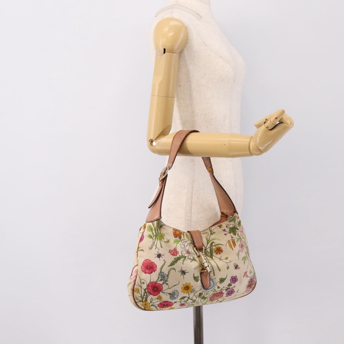 GUCCI Jackie Flora Shoulder Bag Canvas Beige Gold 137335 Auth 201974