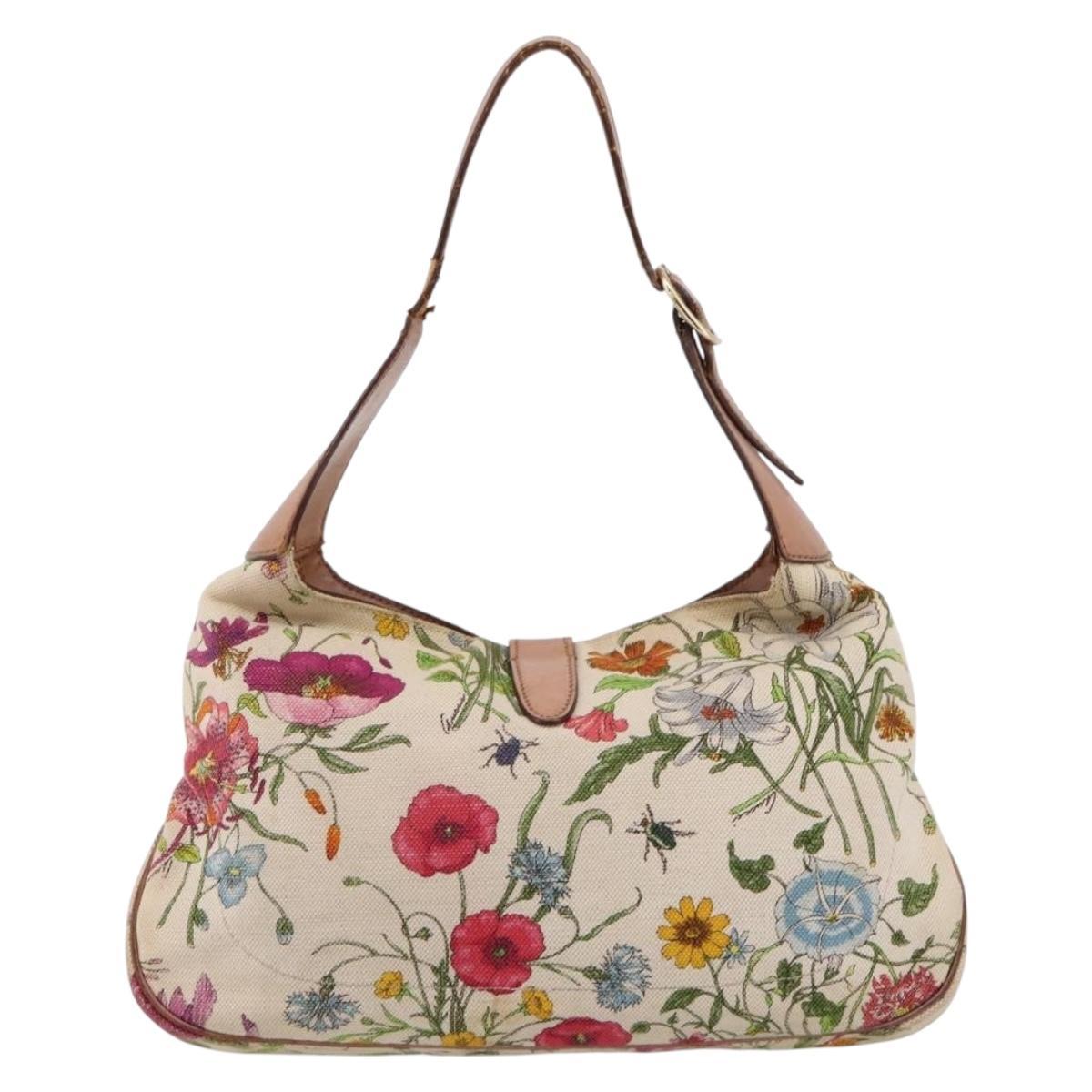 GUCCI Jackie Flora Shoulder Bag Canvas Beige Gold 137335 Auth 201974