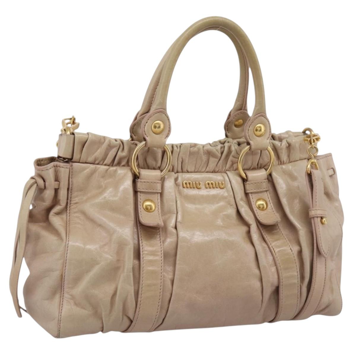Miu Miu Hand Bag Vitello Lux Leather 2way Beige Gold Auth 201979A