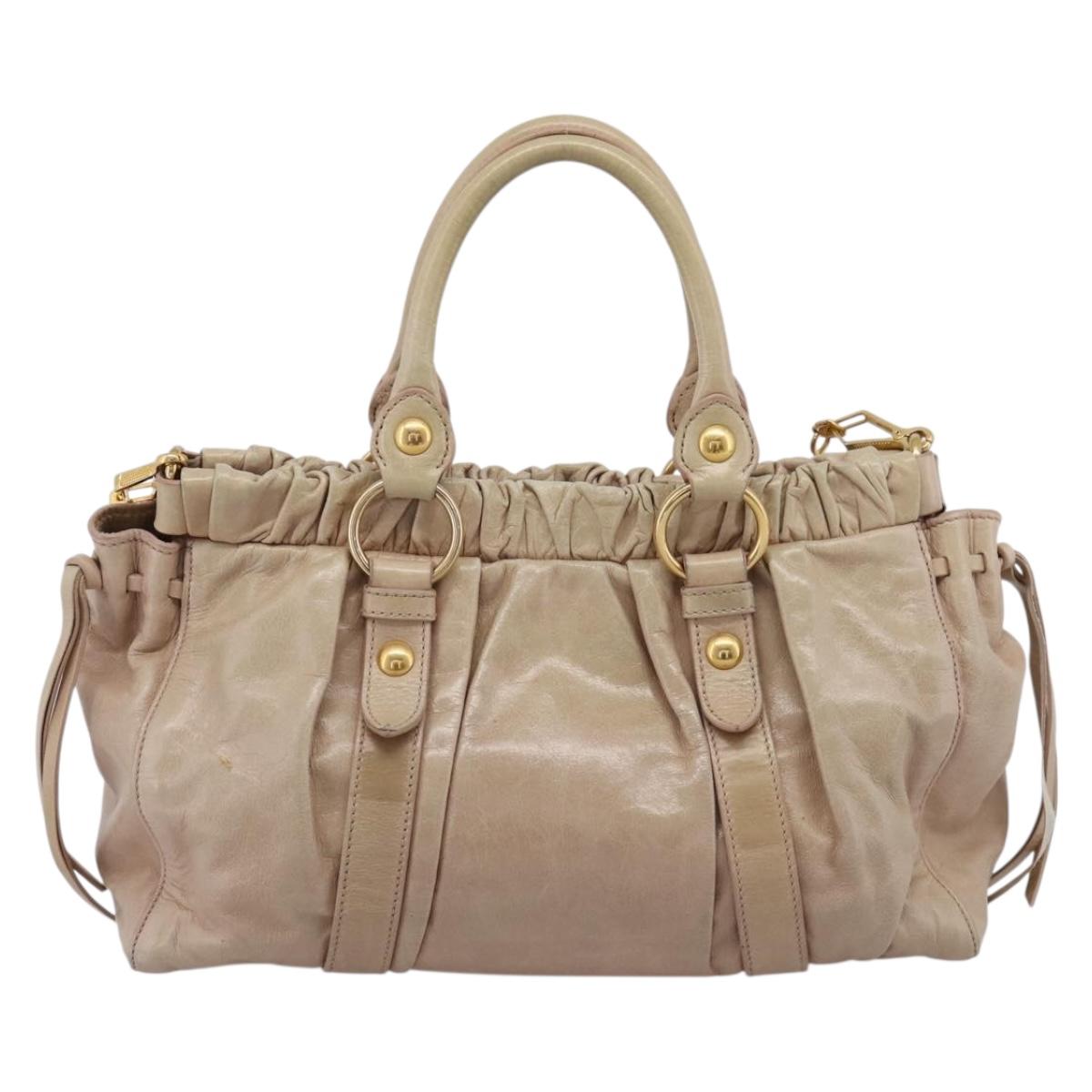 Miu Miu Hand Bag Vitello Lux Leather 2way Beige Gold Auth 201979A
