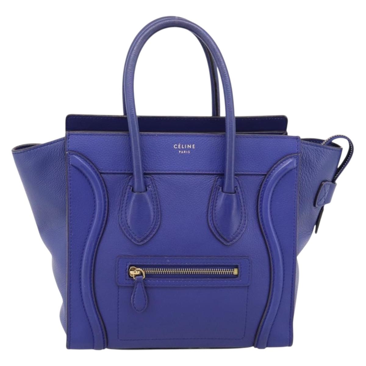 CELINE Luggage Micro Shopper Hand Bag Leather Blue Gold Auth 201981A