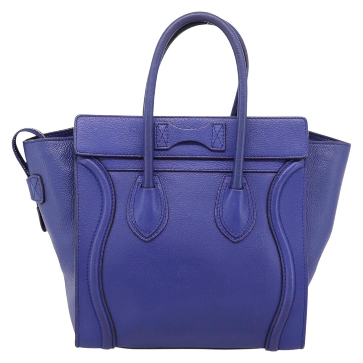CELINE Luggage Micro Shopper Hand Bag Leather Blue Gold Auth 201981A
