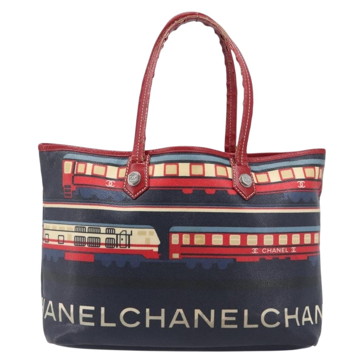CHANEL Central Station Tote Bag PVC Canvas Navy Silver CC Auth 201987