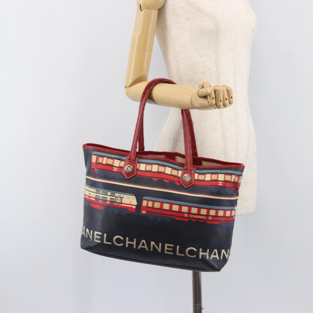 CHANEL Central Station Tote Bag PVC Canvas Navy Silver CC Auth 201987