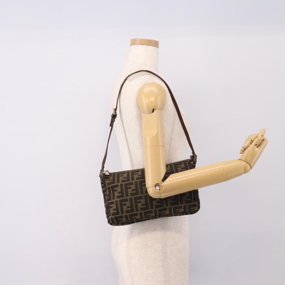 FENDI Zucca Canvas Shoulder Bag Brown Black Auth 201988