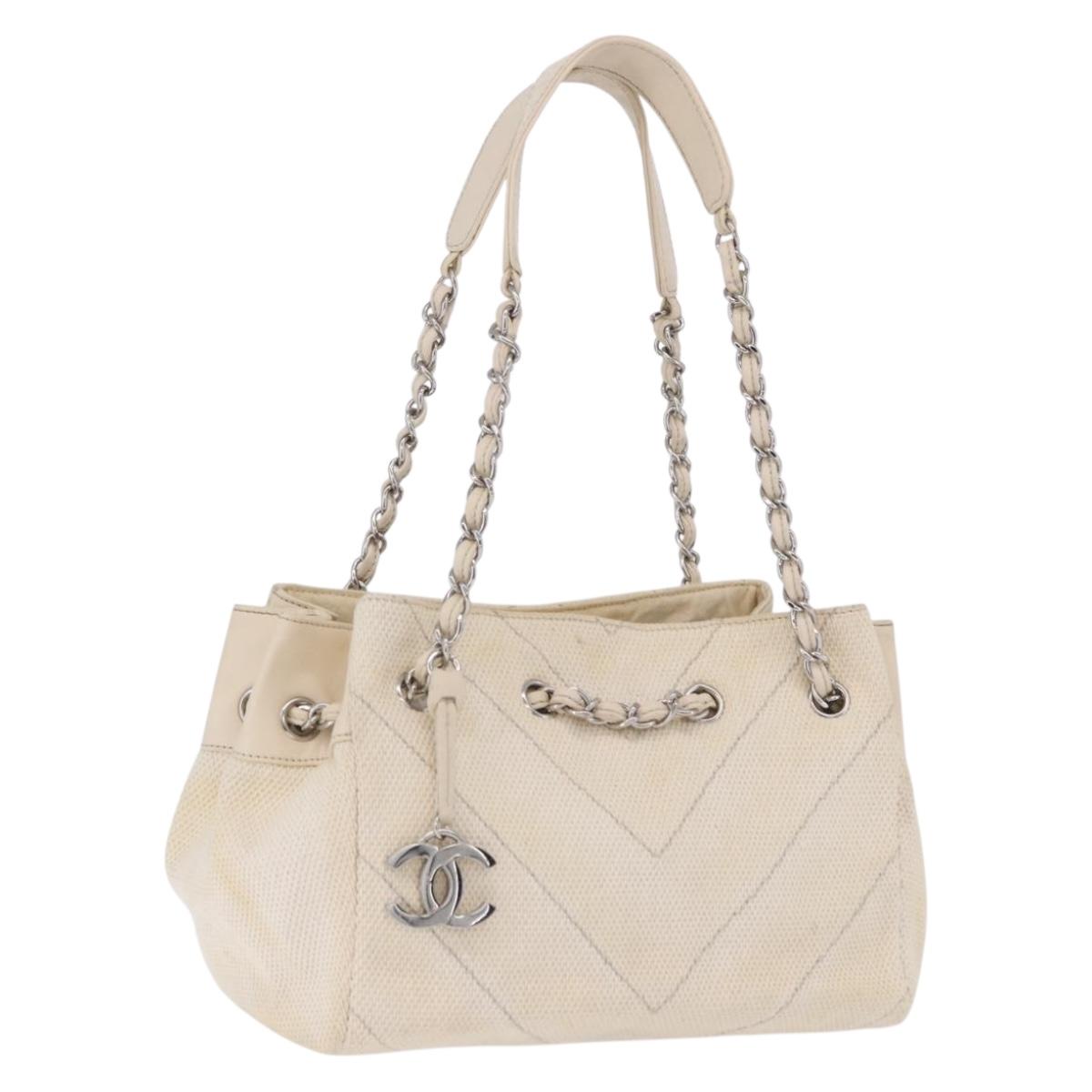 CHANEL V-Stitch Icon Series Chain Bag Canvas Beige Silver CC Auth 201991A