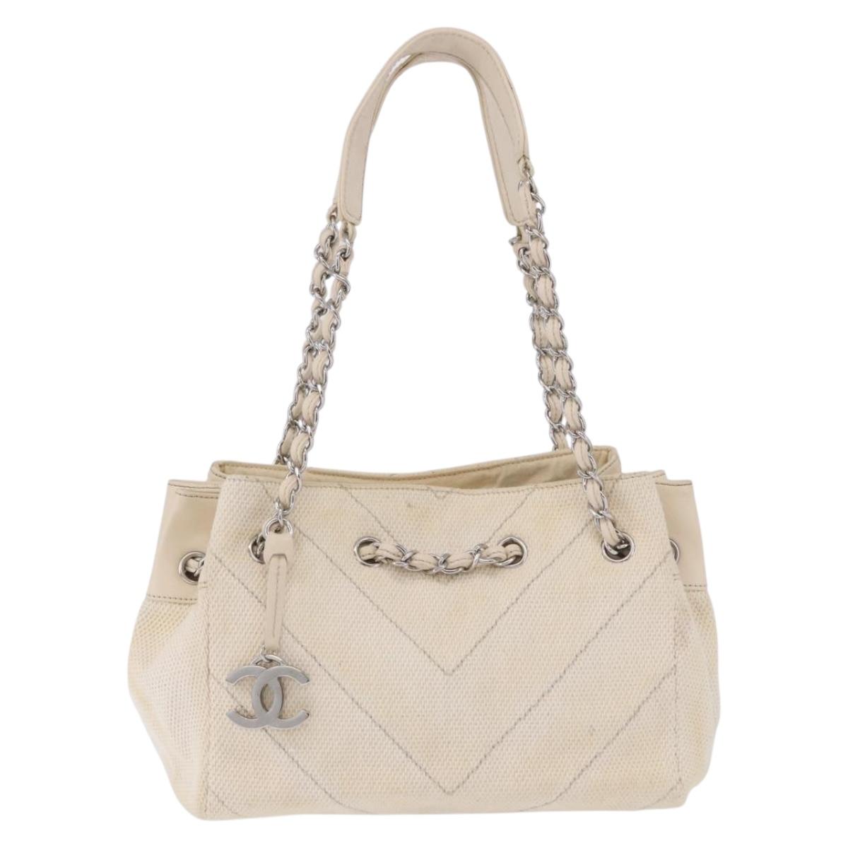 CHANEL V-Stitch Icon Series Chain Bag Canvas Beige Silver CC Auth 201991A