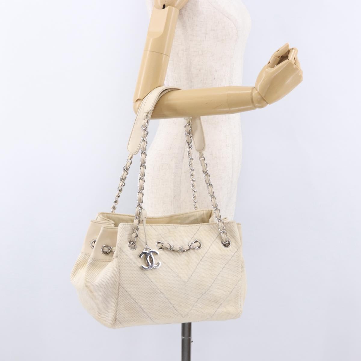 CHANEL V-Stitch Icon Series Chain Bag Canvas Beige Silver CC Auth 201991A