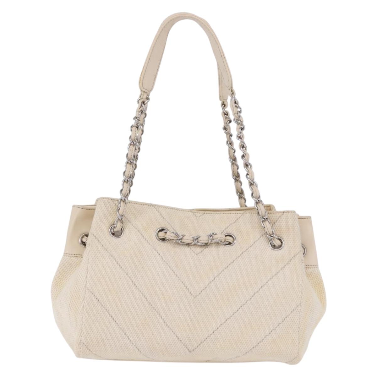 CHANEL V-Stitch Icon Series Chain Bag Canvas Beige Silver CC Auth 201991A