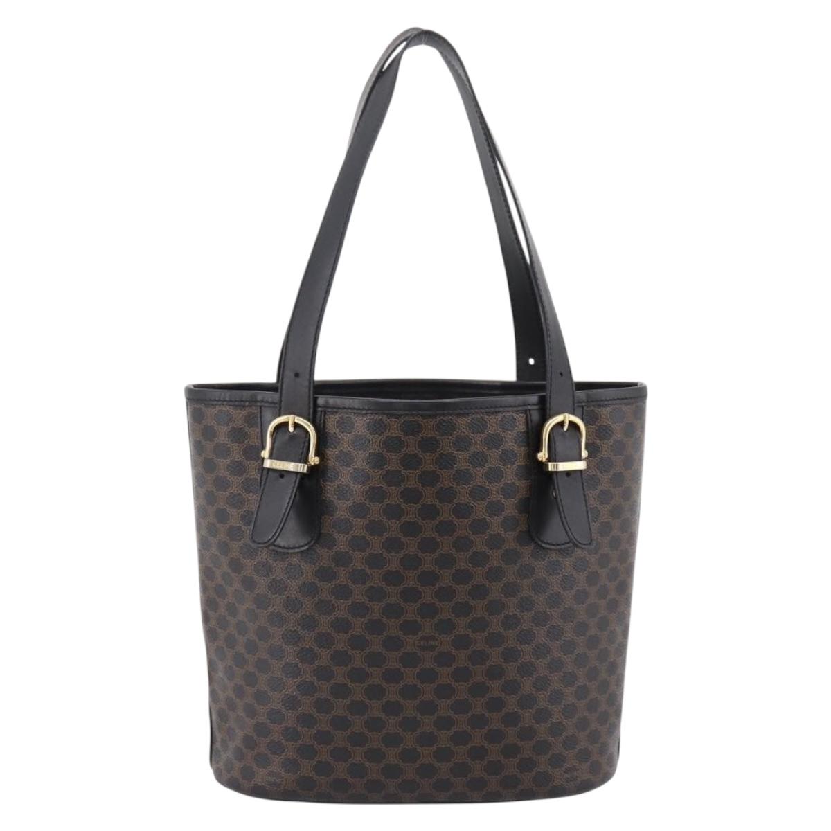 CELINE Macadam Canvas Tote Bag PVC Leather Black Gold Auth 201999A